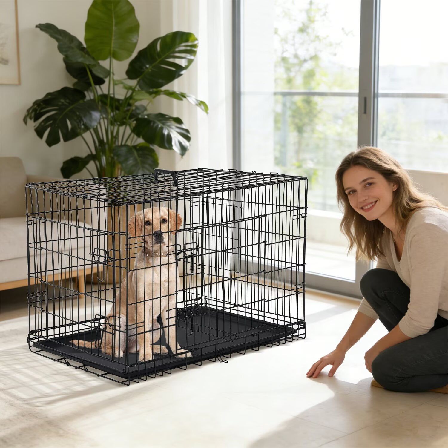 CL.HPAHKL Durable Wire Dog Crate, Folding Metal Dog Kennel Double Door Dog Cage with Plastic Tray, Pet Crate for Large Dog Indoor Outdoor Travel (Black, 36 inch)