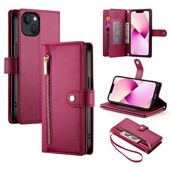 Allytechgroup Wallet Case for Apple iPhone 13, 9 Cards Holder   Zipper Pocket   Hand Wrist Shockproof Stand Flip Cover RFID Blocking Phone Case for Women Men, Red