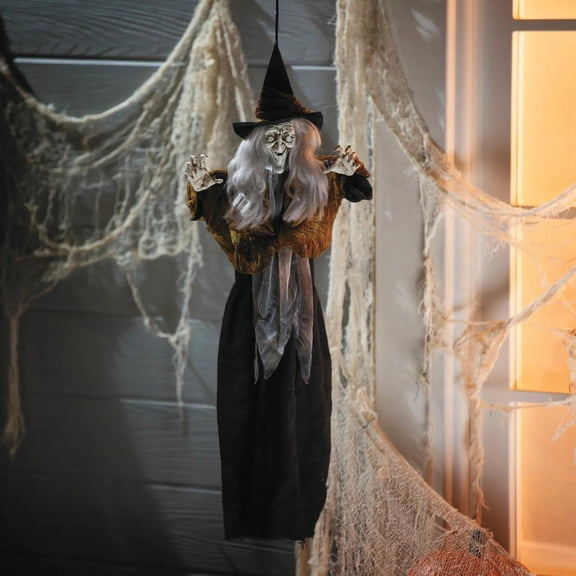 27 1/2" Hanging Smiling Witch with Gray Hair Halloween Decoration