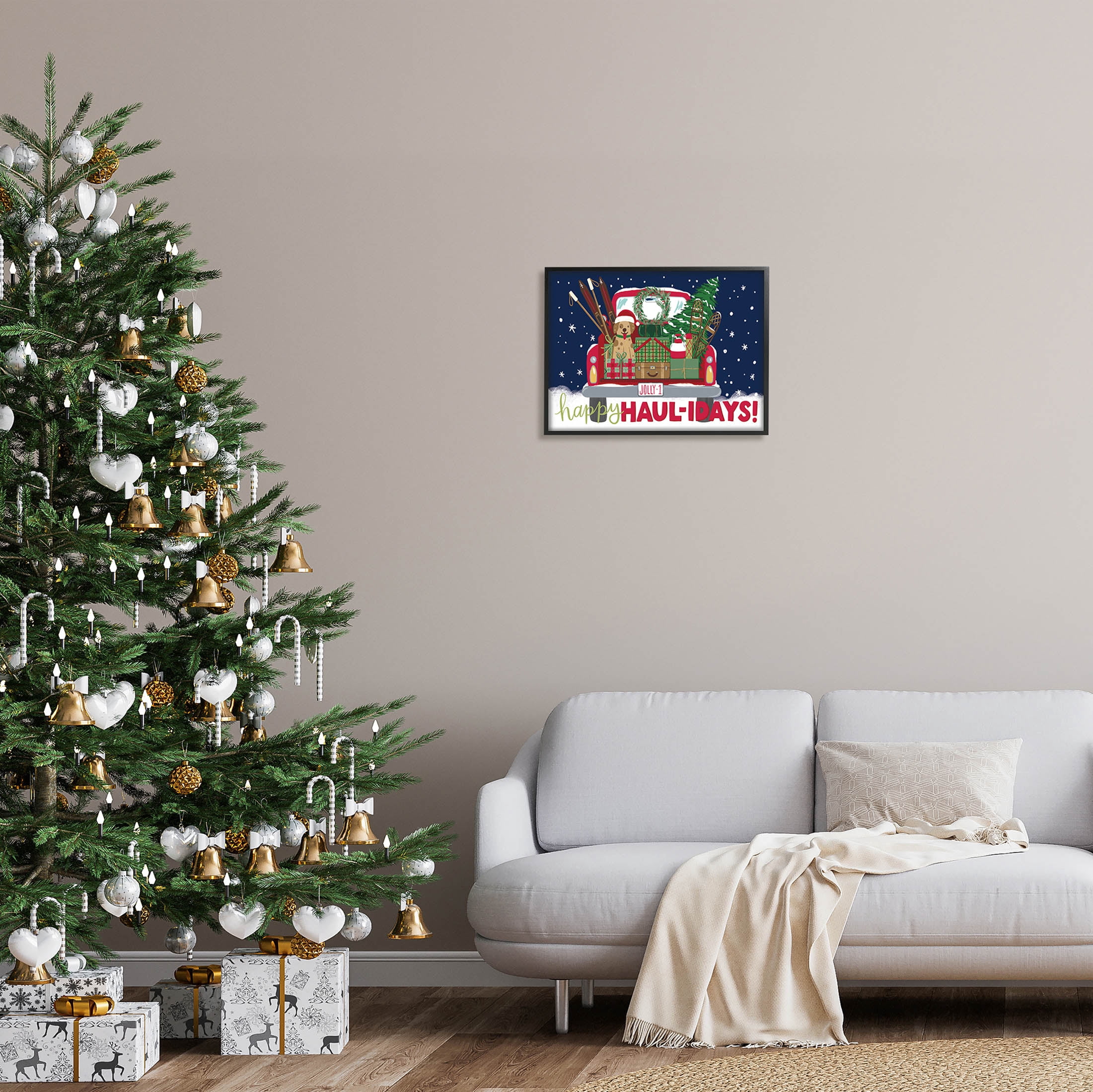 Stupell Industries Happy Haul-idays Christmas Gift Truck Graphic Art Black Framed Art Print Wall Art, Design by Amanda McGee