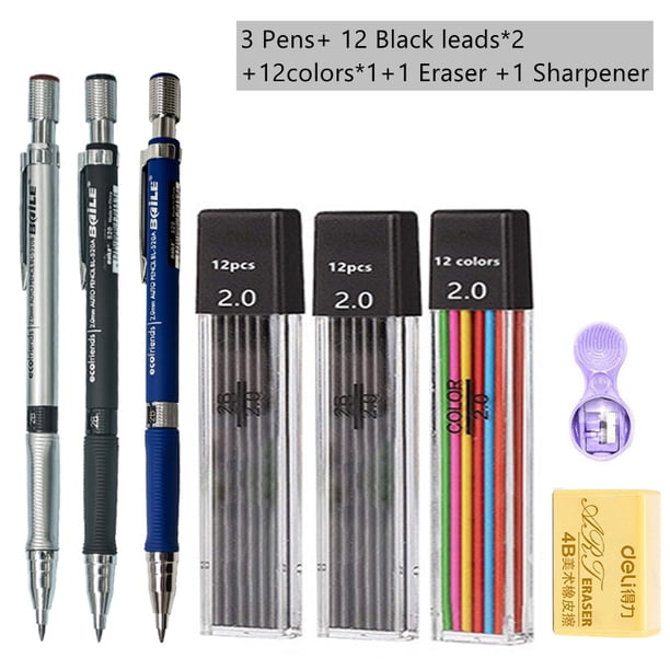 Juego de lápices mecánicos de 2,0mm con recambio de plomo 2B negro/colores para escribir bocetos, arte, dibujo, pintura, escuela, lápiz automático