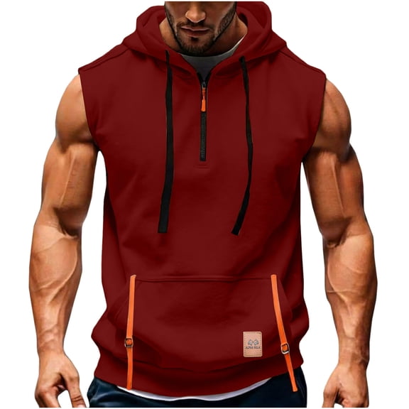 VSSSJ Mens Muscle Tank Tops Sleeveless Quarter Zip Hoodie Workout Gym Athletic Running Casual Lightweight Hooded Shirts with Pocket Wine M