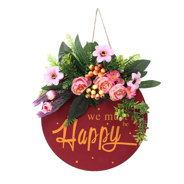 Coofit Welcome Sign Wooden Round Artificial Flower Front Door Decor Door Hanging Sign