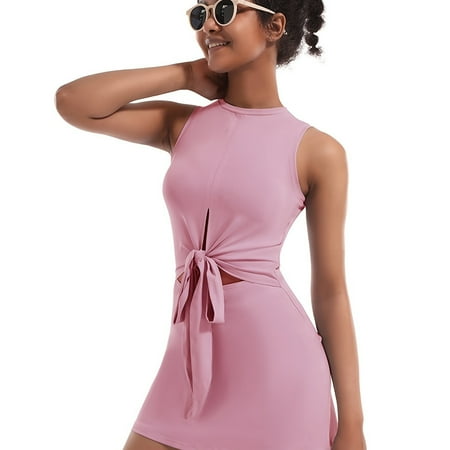 

2pcs Fashion Golf Tennis Sports Suits Breathable Crew Neck Sleevless Knot Cropped Top & High Waist Bodycon Catsuits Women‘s Activewear