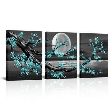 Teal Plum Blossom Flower Print Painting on Canvas Black and White Full Moon on Sea Ocean Wall Art Abstract Modern Seascape Artwork for Home Decoration