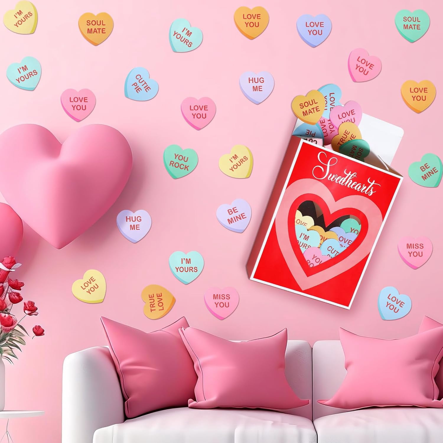 49 PC Valentine's Day Wall Stickers 3D Sweetheart Box with Conversation Heart Stickers Valentine's Day Bulletin Board Decoration Love Wall Decals for Classroom Home Wedding Romantic Decor