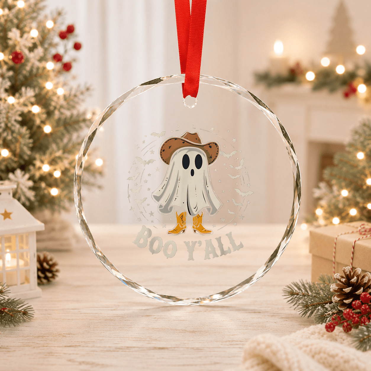 Western Country Southern Retro Ghost Boo Y'all Glass Ornament