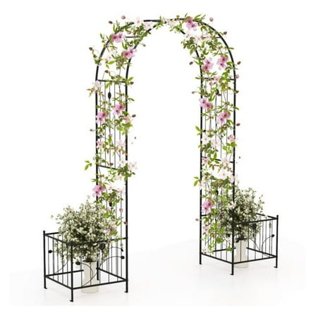 Garden Arbor with Planters - 80" Metal Arch Trellis for Climbing Plants - 2 Side Planters & Ground Stakes - Black Outdoor Wedding Decor