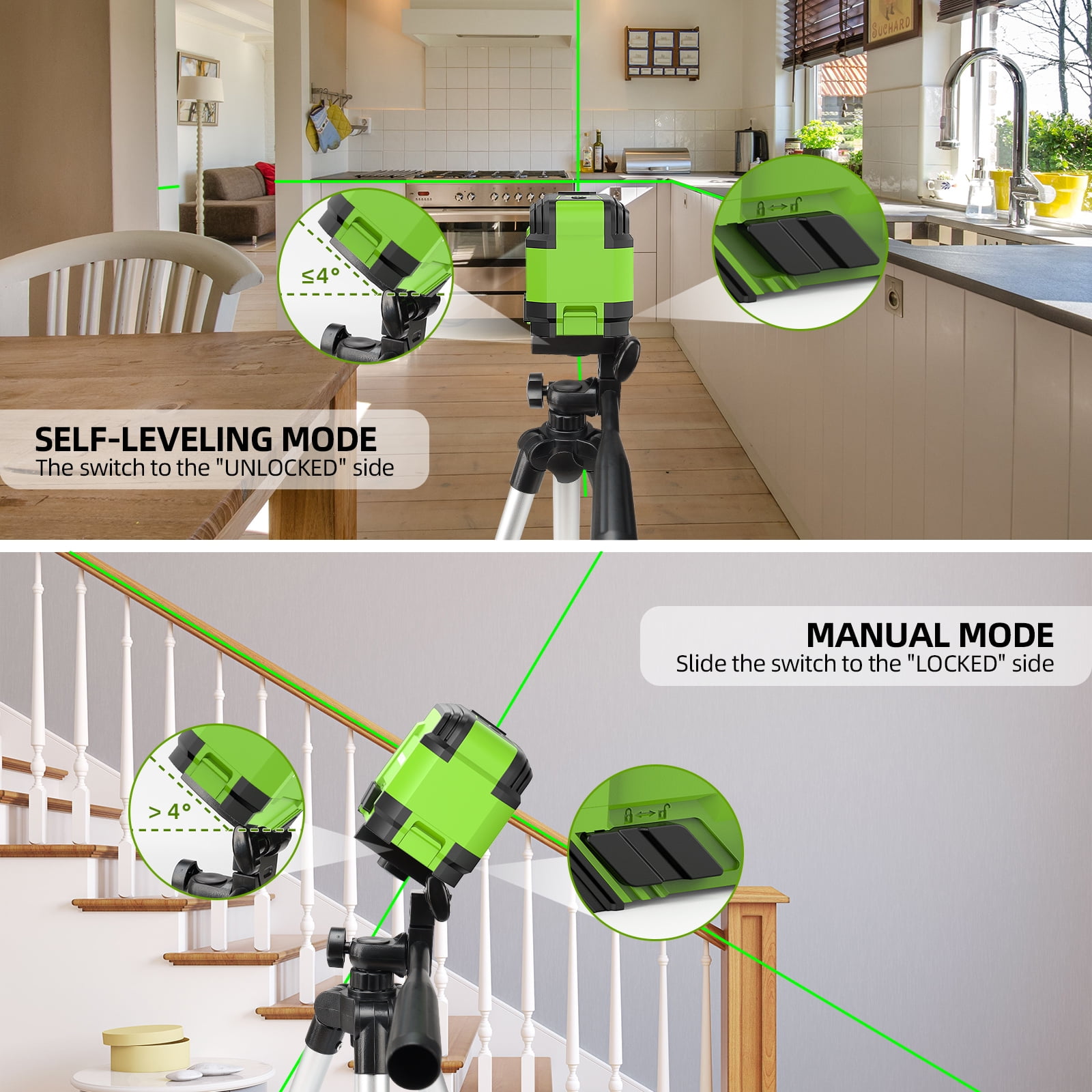 Huepar Green Self-leveling Laser Level with Tirpod, Cross Line Laser Levels for DIY Home Picture Hanging with AA Batteries and Carry Bag