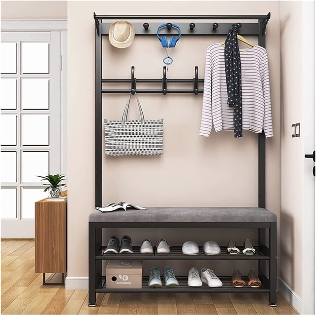 Entryway Coat Rack Shoe Bench 3 in 1 Hall Tree with Shoe Rack for Entryway Umbrella Holder Entryway Bench Top Shelf Accent Furniture Carbon Steel Frame Rack (Color : Black, Size : 60CM)