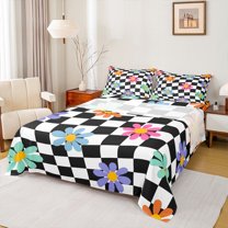 Homewish Groovy Daisy Flower Twin Sheet Sets, White Black Plaid Twin Fitted Sheet, Teens Kids Boys Girls Flat Sheet, Luxury Bedroom Decor, 3-Piece