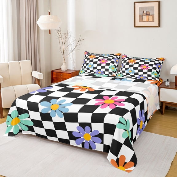 Homewish Groovy Daisy Flower Full Size Sheets, White Black Plaid Bed Sheets, Teens Kids Boys Girls Sheet Sets, Luxury Bedroom Decor, 4-Piece