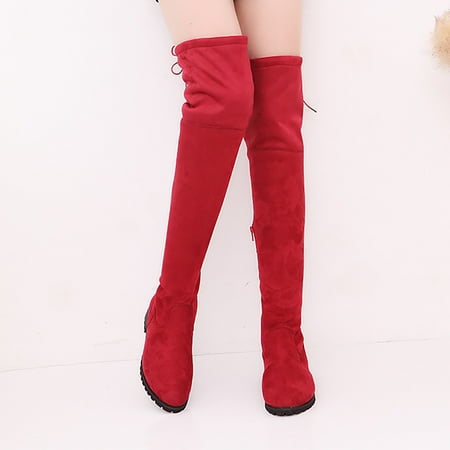 

Women s Lace-Up Knee Bare Boots Flat Round Toe Shoes Casual Long Booties Red