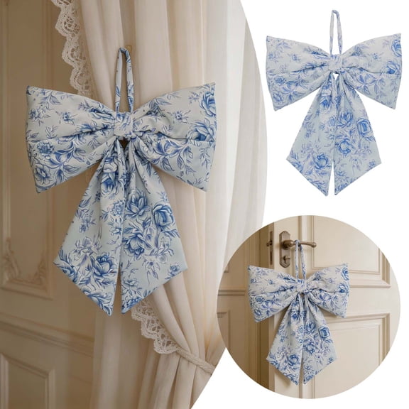 DAMAI White Blue Chinoiserie Floral Print Chair Sashes, Satin Chair Bows Covers with French Toile Design, Durable Reusable Chair Decor for Wedding Party Event Styling