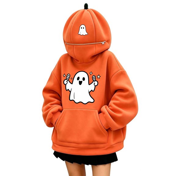 Halloween Hoodies for Women Pumpkin Mask Oversized Hood Sweatshirt Kangaroo Pocket Funny Costume Pullover Top
