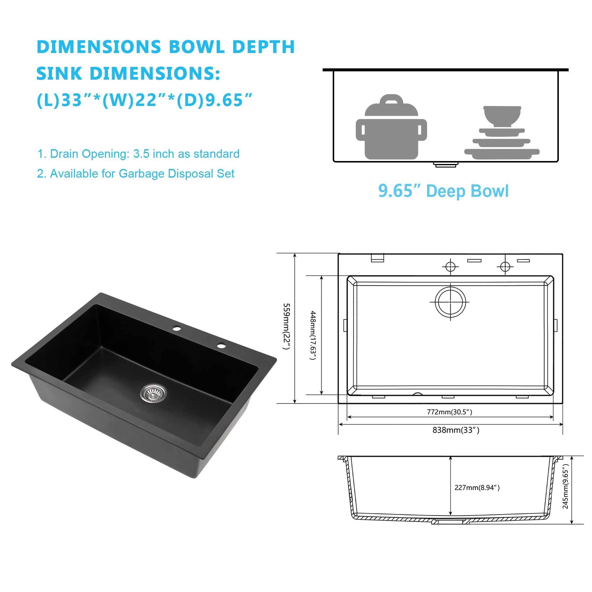 33 Inch Drop-In Topmount Single Bowl Granite Quartz Composite Kitchen Sink, Black, Heat Resistant Scratch Resistant Easy to Clean Non-Porous Sink with Bottom Grid, Drain Strainer