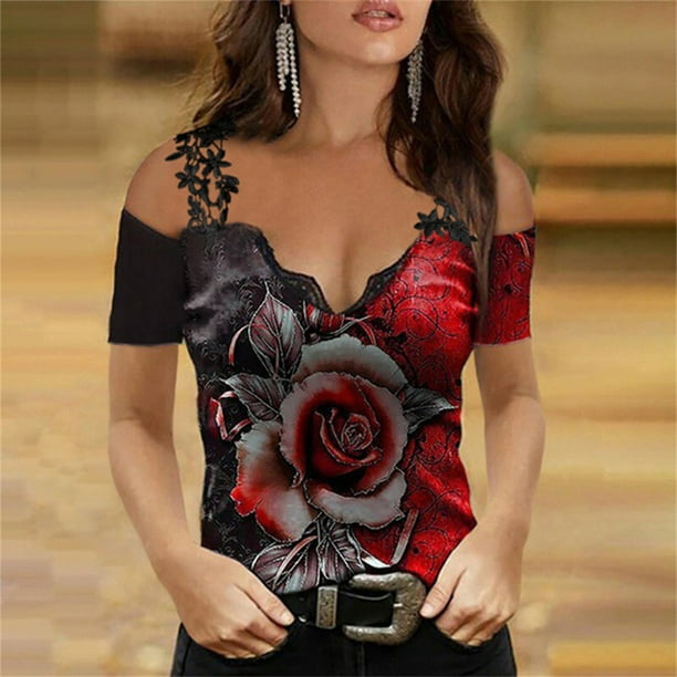 Camiseta de manga corta con encaje calado para mujer, Top Sexy ajustado con hombros descubiertos, estampado de flores, cuello en V, informal, elegante, ropa de verano