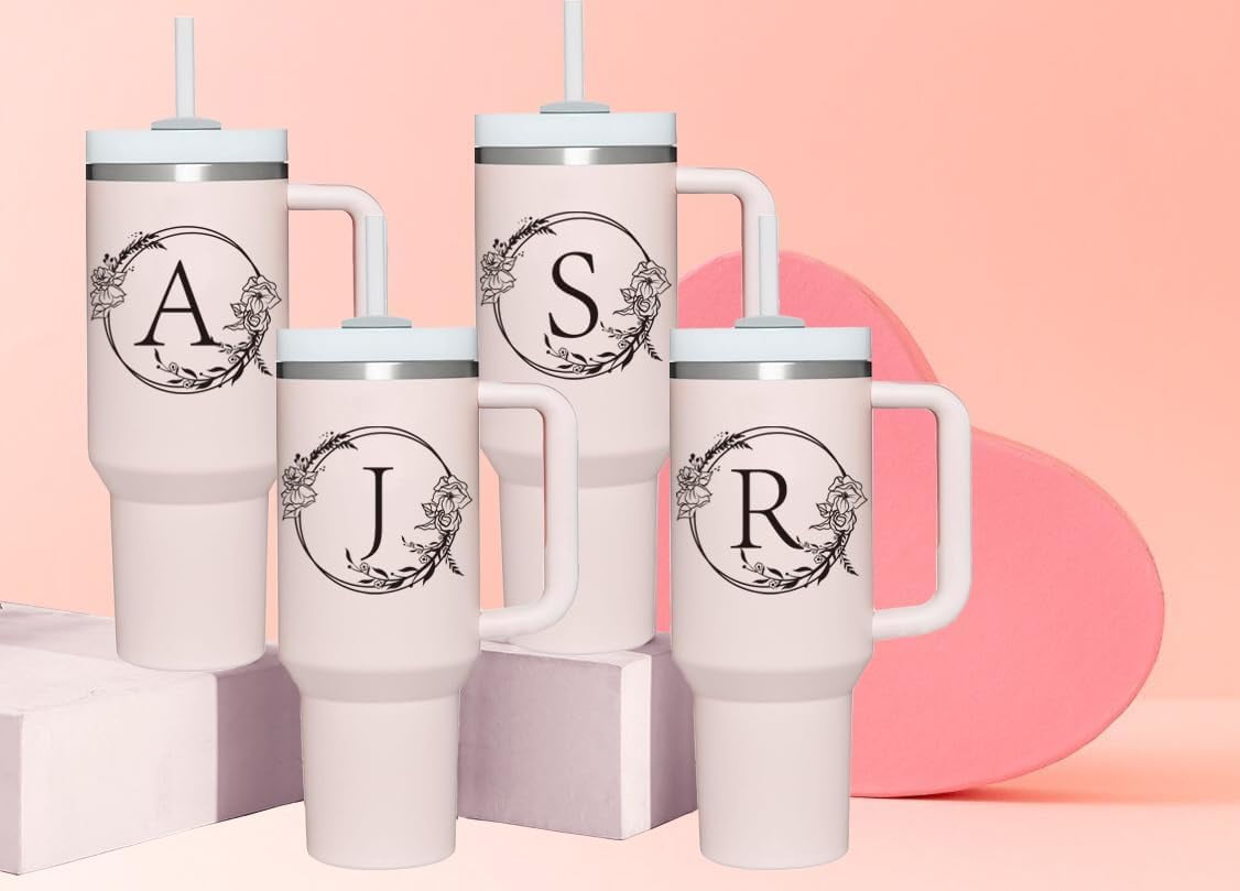 Personalized 40oz Tumbler Cup with Initials.Cup with Letter A 40oz Tumbler with Handle.Custom Tumbler Cup with Letter.Initial Monogram Tumbler Mug Gifts for Women Birthday Christmas.