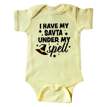 

Inktastic I Have My Savta Under My Spell with Cute Witch Hat Gift Baby Boy or Baby Girl Bodysuit