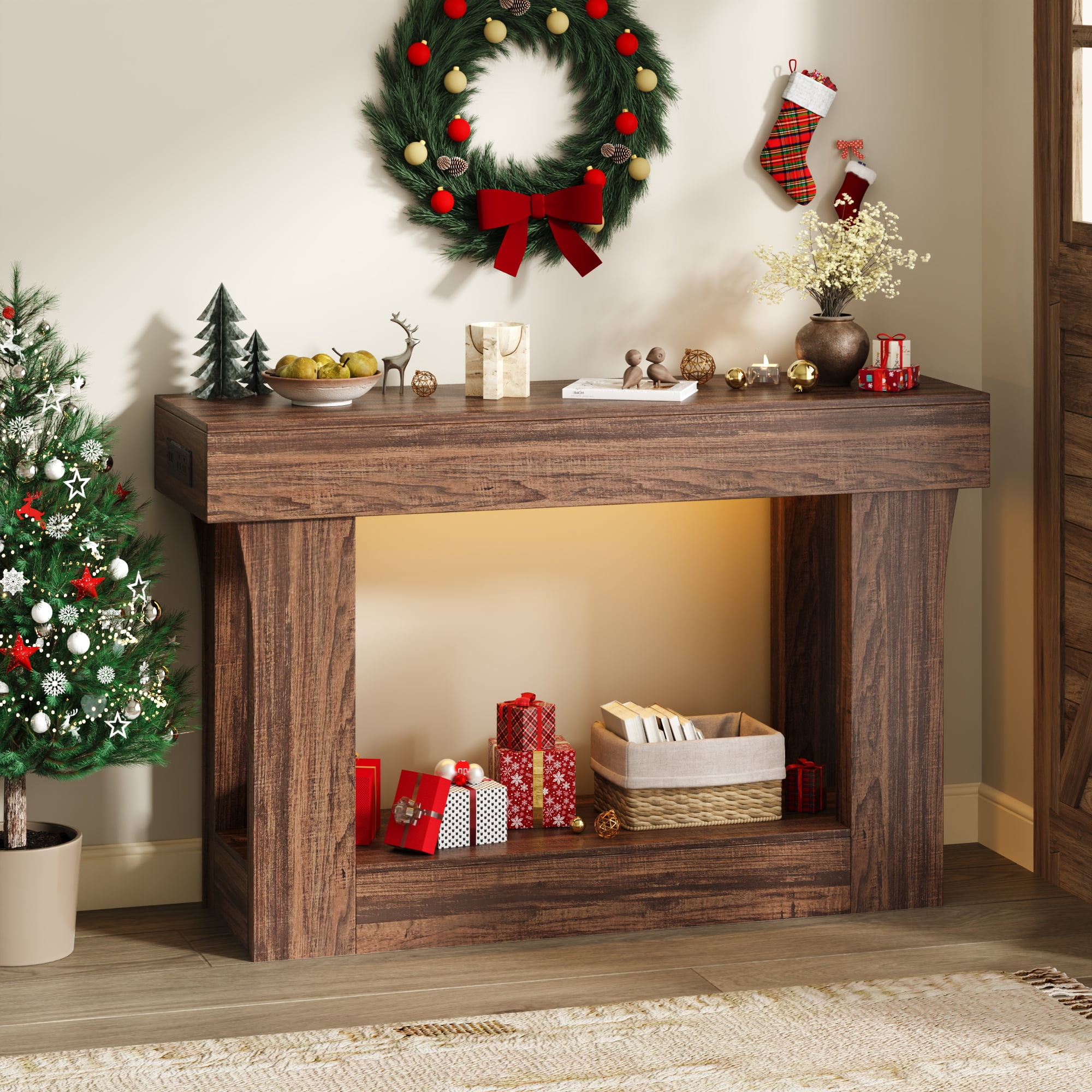 IDEALSOUL 47" Wooden Console Table, Long Sofa Table with with lighting & outlets, Entryway Table for Living Room, Hallway