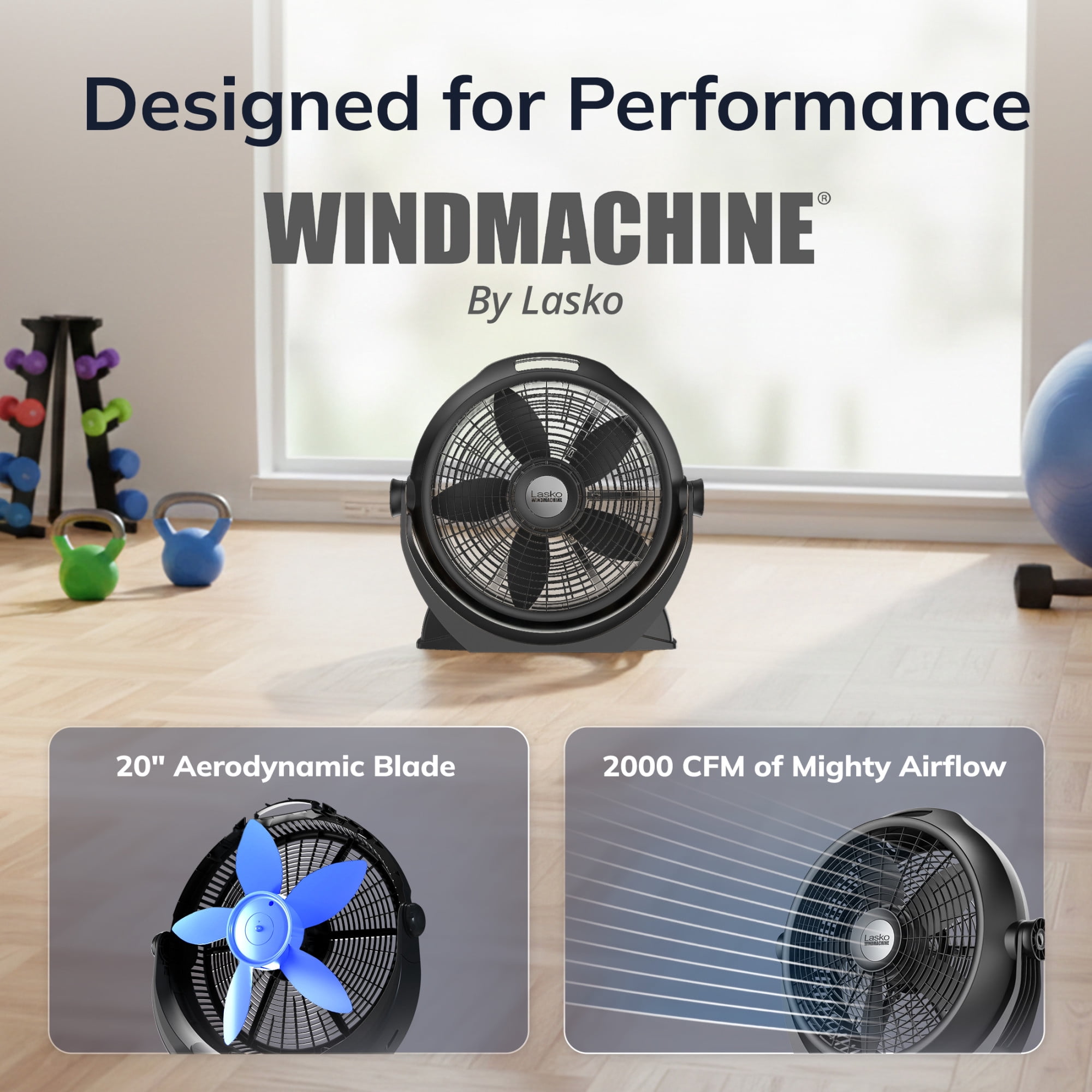 Lasko WindMachine 20" Large Floor Fan with Pivoting Head for Whole Room Cooling, Portable Indoor 3-Speed Air Circulator, Black, A20305