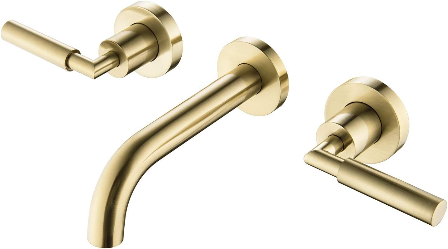 ANKYT Brushed Gold Wall Mount Bathroom Faucet, Wall Mounted Sink Faucet, Dual Handle, Solid