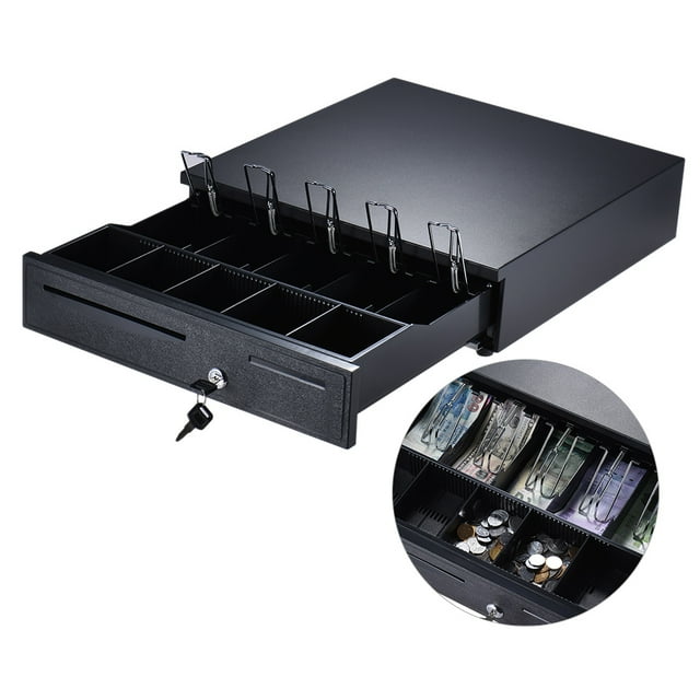 Heavy Duty Electronic Cash Drawer Box Case Storage 5 Bill 5 Coin Trays Check Entry Support Auto Manual Open Key-lock RJ11 for Epson Star POS Printer Money Register - Coin Tray Adjustable Moveable
