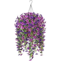 Artificial Fake Spring Hanging Flowers Plants with Basket Outdoor Flower Decor, Faux Silk Colorful Daisy in Metal Coconut Lining Pot Plastic Shrubs Decor Farmhouse Home Garden (Rose Pink)