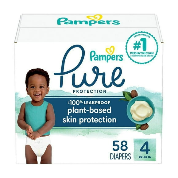 Pampers Pure Baby Diapers, Size 4 (22-37 lbs), 58, Up to 100% Leakproof, Premium Hypoallergenic Soft Diapers, 58CT