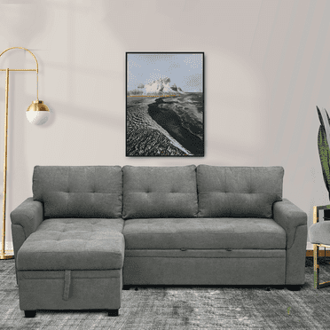 Naomi Home Sectional Sofa Sleeper with Storage Chaise, Tufted Pull-Out Couch with Storage, Sectional Sofa Bed, L-Shaped Reversible Sleeper Sofa with Storage, Gray, Velvet