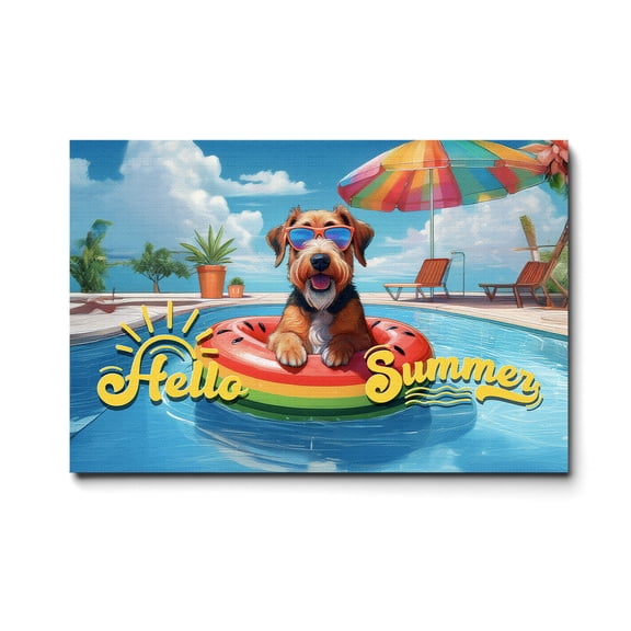 Hello Summer Airedale Terrier Pool Day on Watermelon Float Horizontal Matte Canvas Poster Dale Waterside Dog Lover Wall Art Home Decor - 13008
