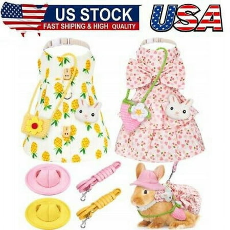 2Set Pet Rabbit Bunny Dress Bunny Easter Costume with Leash Hat Mini Bag Harness