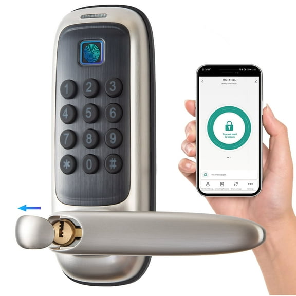 Keyless-Entry Fingerprint Smart Door Lock: Electric Door Knob, Biometric Handle, App Control, Delayed Auto Lock, Waterproof, Square Fingerprint Module, Emergency Power Interface, For Winter, Humid