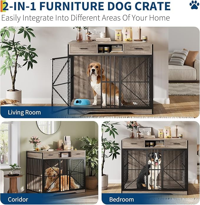 44" Large Dog Crate Furniture, Wooden Heavy Duty Dog Kennel Indoor End Table with Storage Drawers,Metal XL Dog Cage for Large/Medium Dogs, Brown & Black