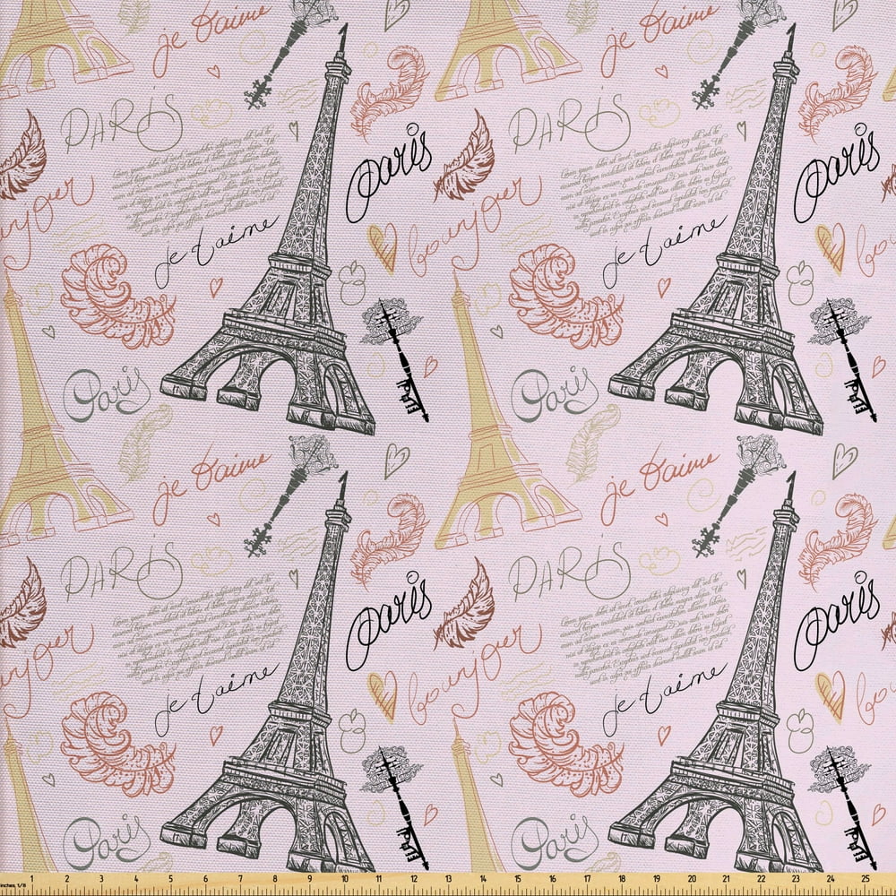 Paris Fabric by The Yard, Eiffel Tower Sketch with Hand Lettering City