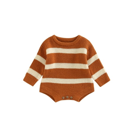 

Bagilaanoe Newborn Baby Girl Boy Knit Sweater Rompers Dress Stripes Long Sleeve Bodysuit 3M 6M 9M 12M 24M Infant Ribbed One Piece Jumpsuit