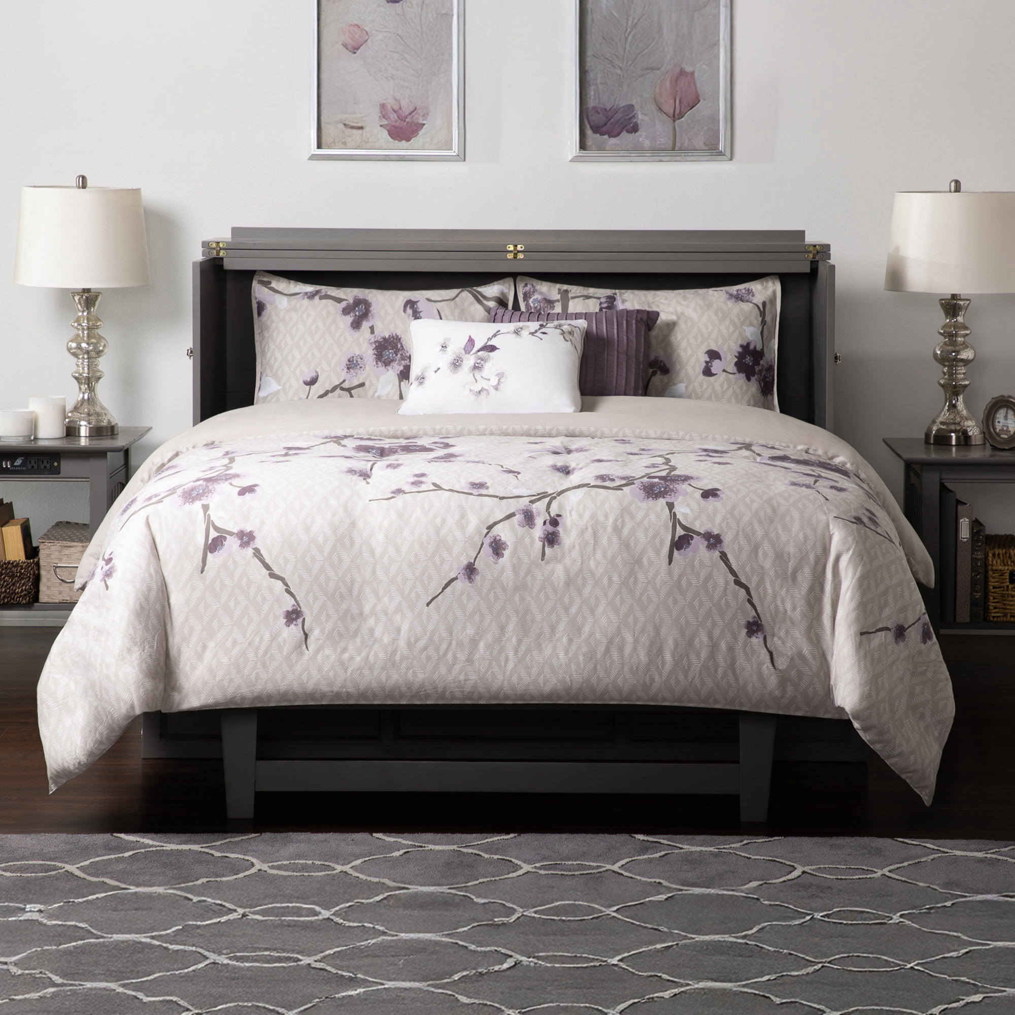 AFI Deerfield Queen Solid Wood Murphy Bed Chest with Mattress, Drawer & Charger in Gray
