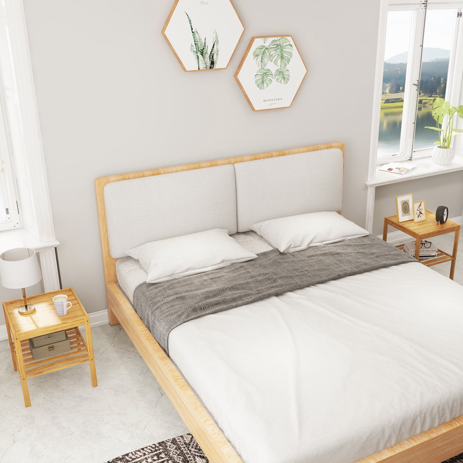 Topbuy Bamboo Nightstand Set of 2 2-tier Side Table w/ Bottom Shelf Square End Table Beside Sofa & Bed Compact Nightstand for Small Space