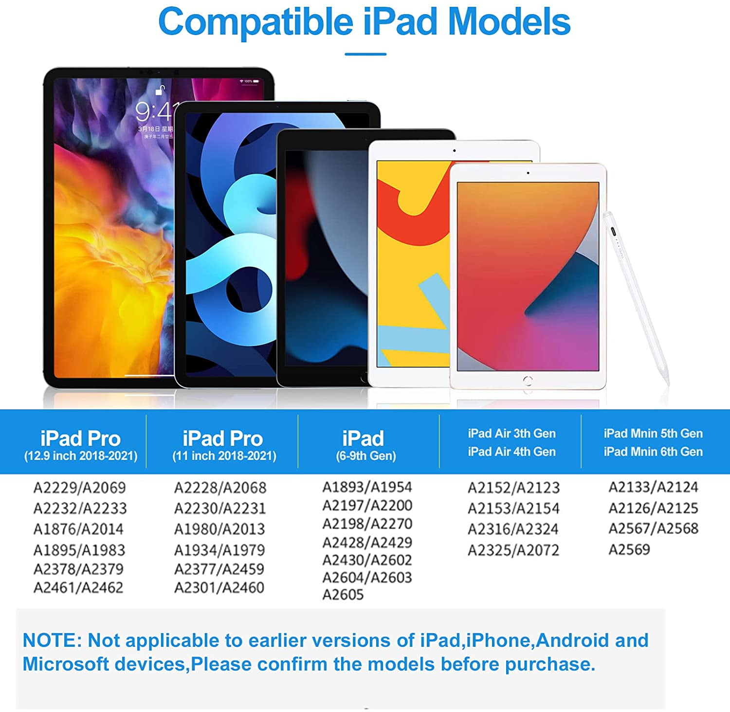 Stylus Pen for Apple iPad (2018 to 2022), Palm Rejection,Adsorption for iPad Pro (11/12.9 in), iPad 6/7/8/9 /10 ,iPad Mini 5/6 ,iPad Air 3rd/4th ,ipad Pen with Switch Button