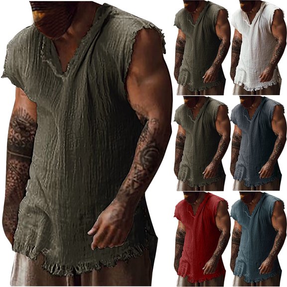 Fewfanhot Men's Texture Linen Sleeveless Top, V Neck Frayed Edge Vintage Casual Summer Tank Shirt