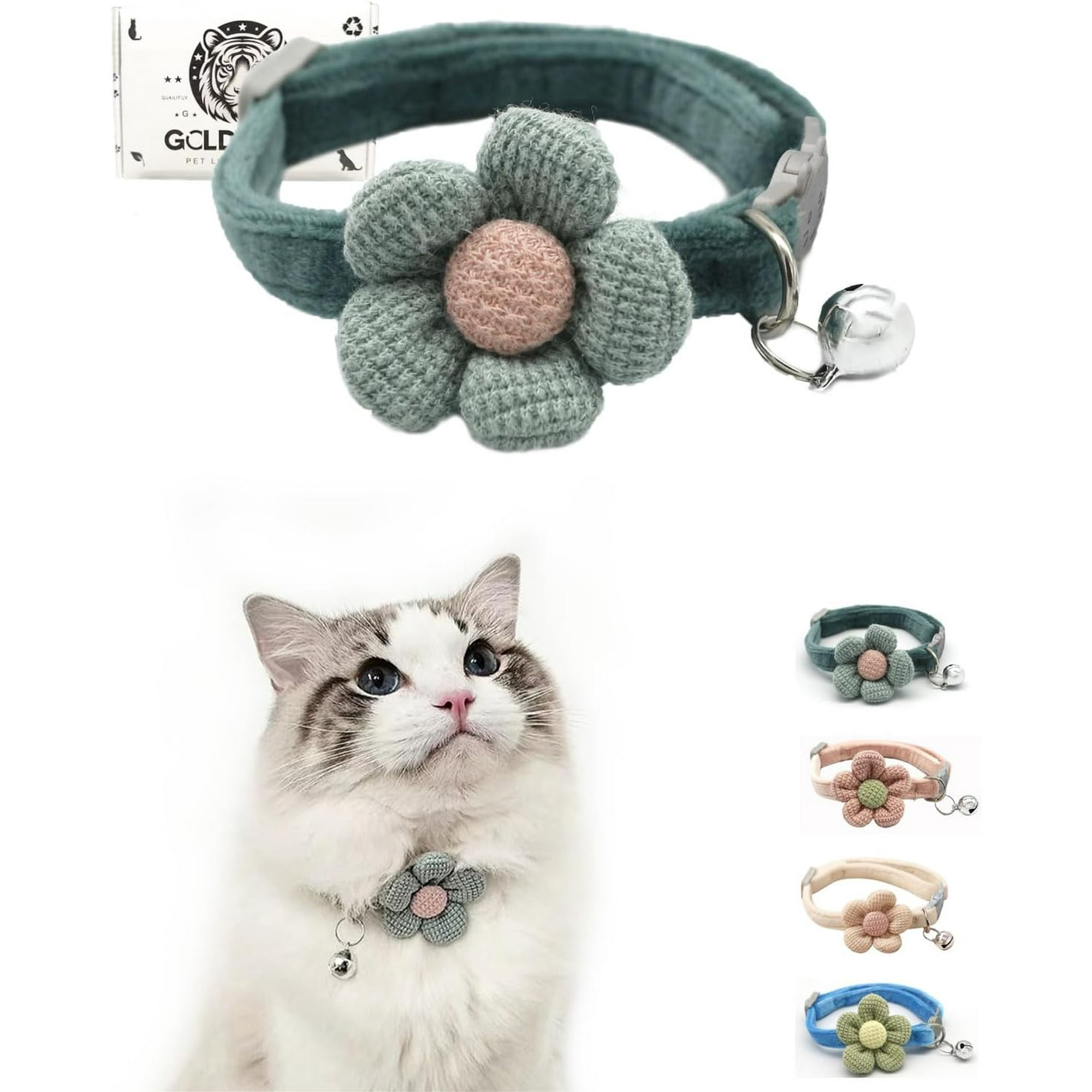 Cat Collar with Flower Cat Collars for Girl Cats and Boy Cats Breakaway Cat Collar with Bells Adjustable Kitten Collar Cute cat Collar Green