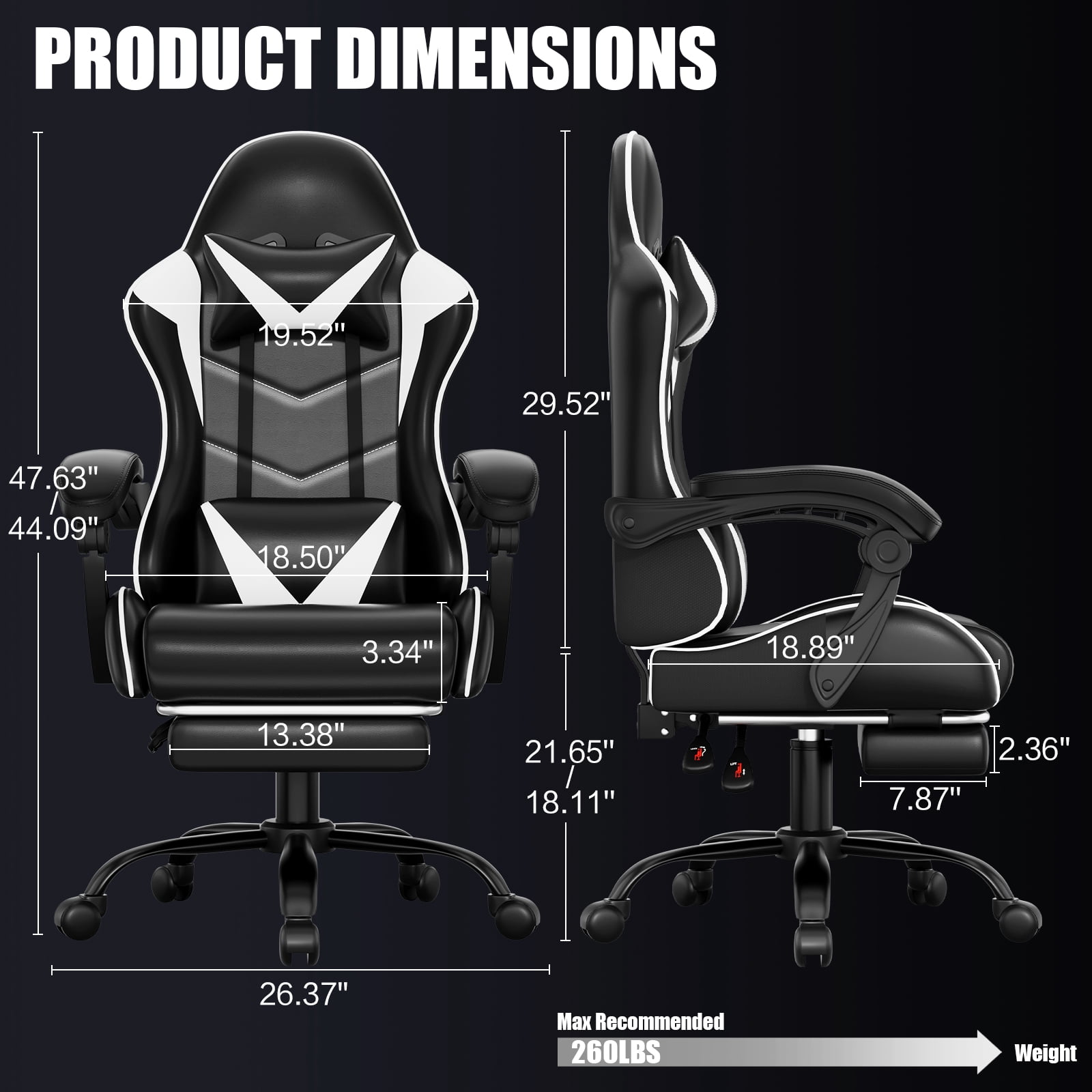 Czlolo Gaming Chair, Lumbar Massager Game Chairs, High Back Reclining, with Headrest Gamer Office Chair.(White)