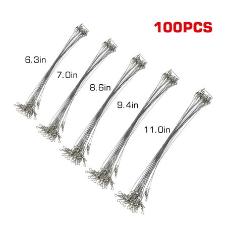 EEEKit 100pcs Fishing Wire Leaders Stainless Steel Fishing Line Wire Leaders with Swivels and Snaps, 5 Size Wire Leader Hook Rig 6.3inch, 7inch, 8.6inch, 9.4inch, (Best Way To Tie A Swivel On Fishing Line)