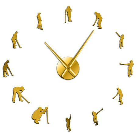 Golfers Large DIY Wall Clock Golf Player Mirror Surface Wall Sticker Golf Club Hanging Watch Sports Golfing Decor Big Time Clock(Gold,37inch)