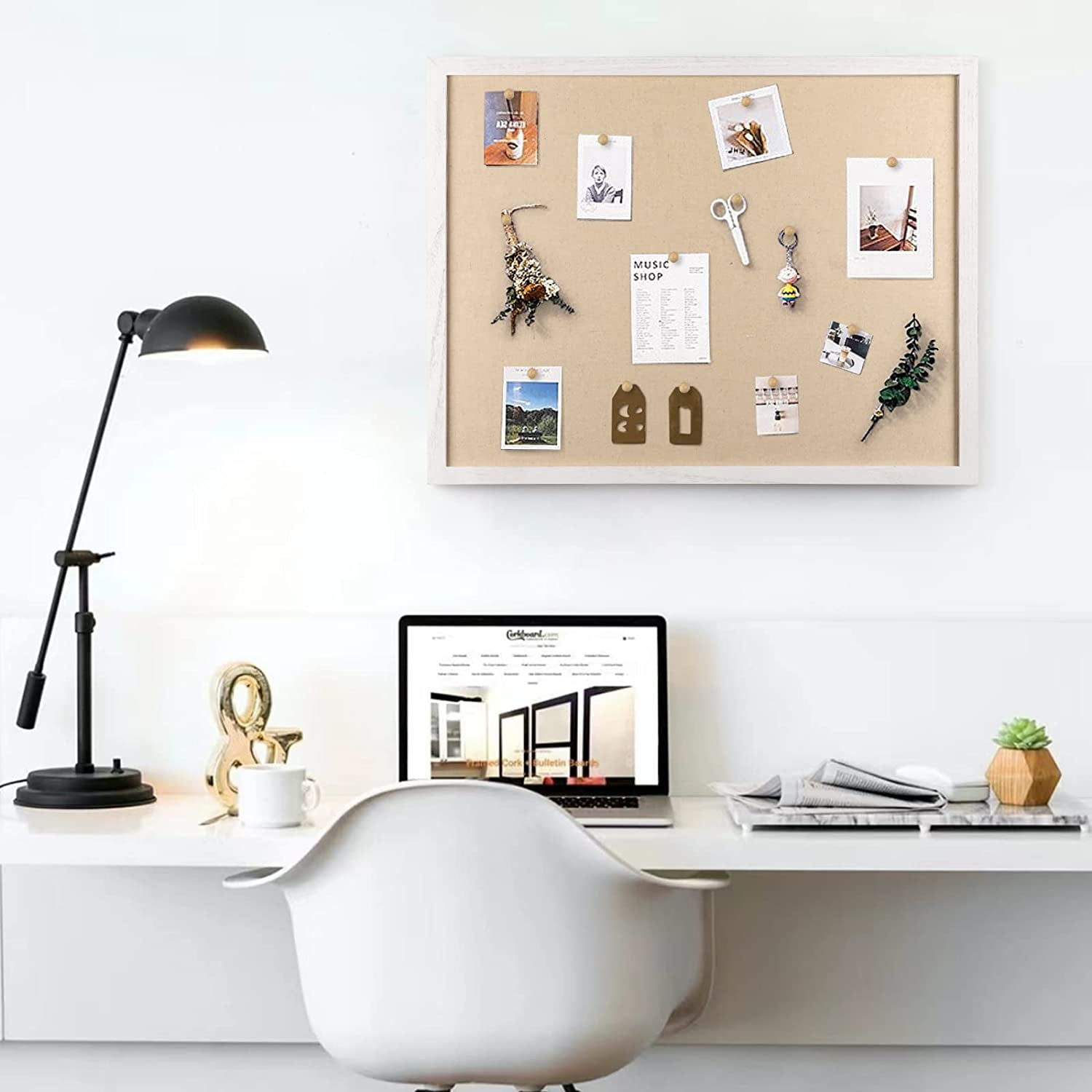 Sfugno Large Bulletin Board 23x18 inch with Linen Wood Boards Wall Decor Hanging Pin Wood Framed Display Bulletin Cork Photo Picture Board Light for Room School Office,White