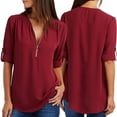 thumbnail image 4 of Women's V Neck Zip Cuffed Sleeve Flowy Business Casual Work Tunic Tops Shirts Blouse, 4 of 5