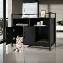 Demi Bonn 35" Hidden Cat House Washroom with 2-Doors and Scratch Cardboard, Wooden Cat Litter Box Enclosure Furniture, Black