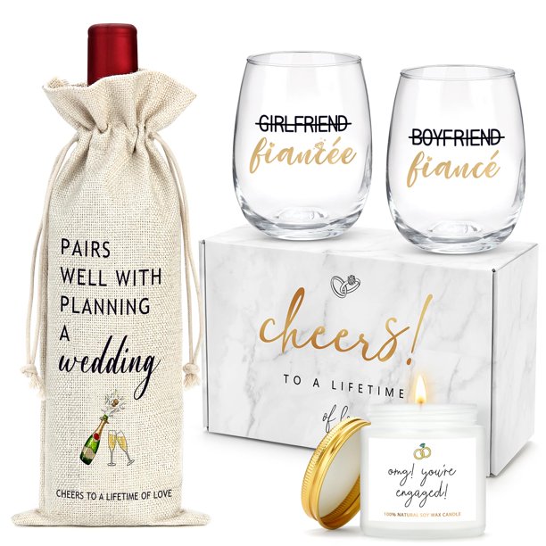 Set de regalo de compromiso YENCHORN con copas de vino, vela y bolsa