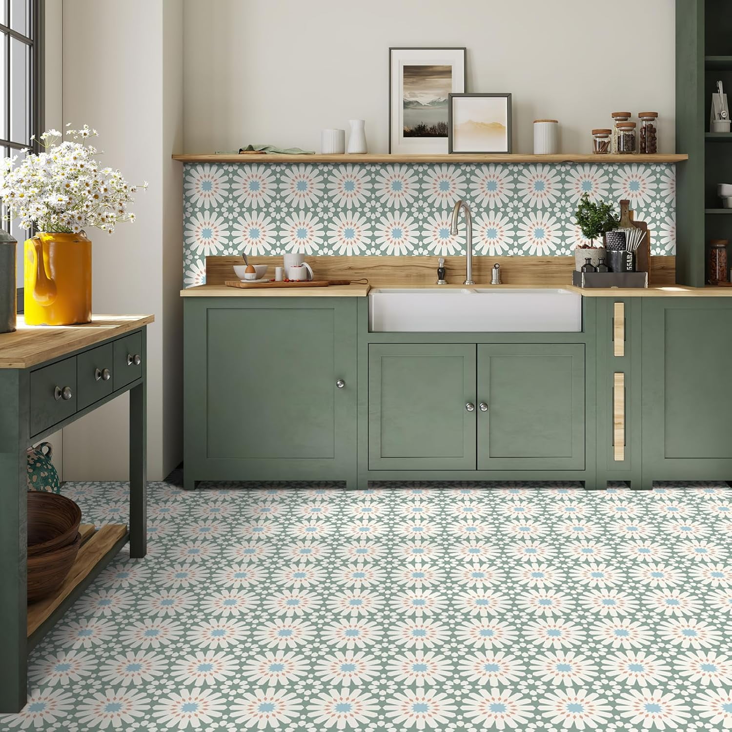 MORCART Peel and Stick Floor Tile - 20 PCS, 7.87" x 7.87" Vinyl Flooring - Waterproof Self-Adhesive Tile Sticker for Wall Backsplashes, Bathroom, Kitchen - Green and White Floral Look