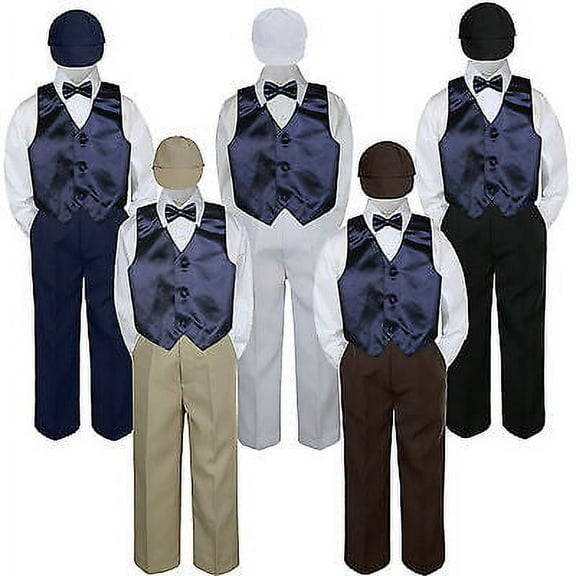 5pc Boy Suit Set Navy Blue Vest Bow Tie Baby Toddler Kid Formal Hat Pants S-7